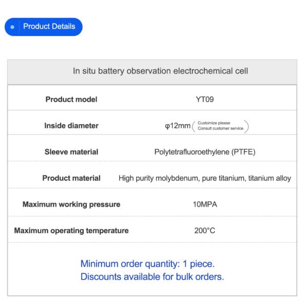 info YT09 In-Situ Dendrite Observation Mold
