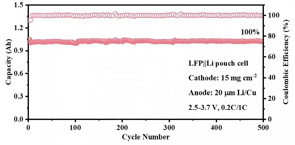 LFP lithium metal pouch cell cycle performance showing 100 percent capacity retention over 500 cycles at 2.5-3.7V with 0.2C charge 1C discharge