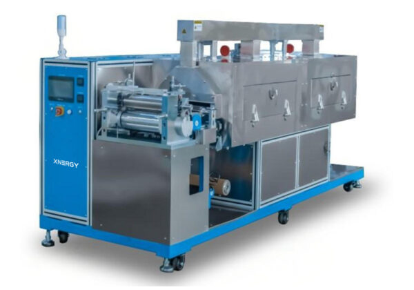 XN-RTCA-500 dual-zone transfer coating machine with three-roll continuous transfer coating, two independent drying zones, upper-and-lower hot-air circulation drying and PLC HMI for lithium-ion battery and supercapacitor electrode research and pilot-scale development