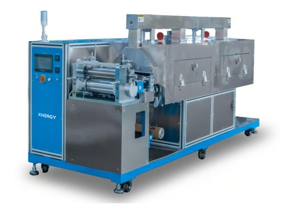 XN-RTCA-500 dual-zone transfer coating machine with three-roll continuous transfer coating, two independent drying zones, upper-and-lower hot-air circulation drying and PLC HMI for lithium-ion battery and supercapacitor electrode research and pilot-scale development