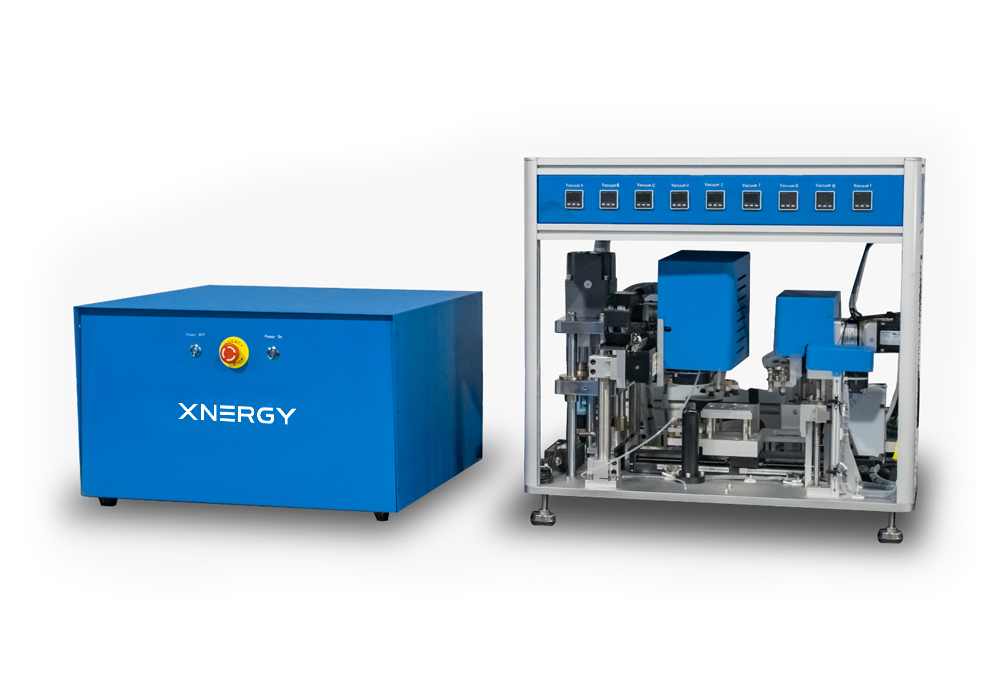 XN-CCMZ-20 coin cell battery assembly machine with automatic electrolyte injection, vision inspection system, servo-driven material handling, PLC touchscreen control and glovebox-compatible compact footprint for automated CR2016 CR2025 CR2032 coin cell encapsulation in battery research laboratories