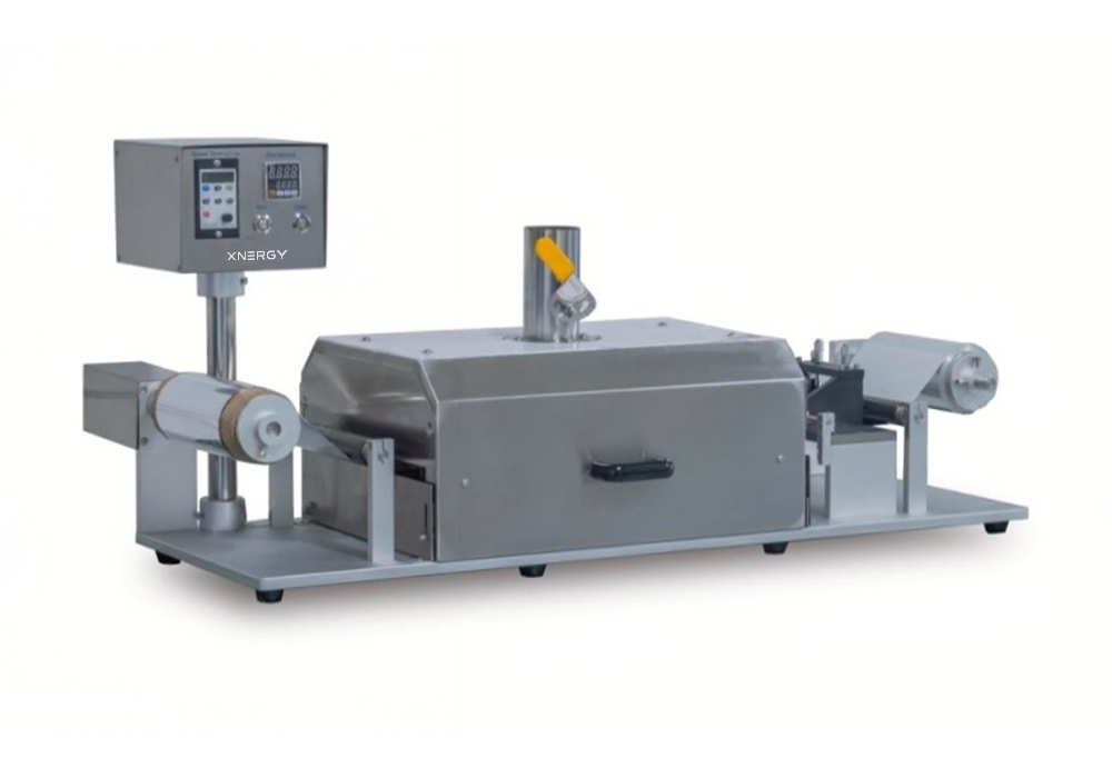 XN-LVC-200 compact continuous roll-to-roll coating machine with infrared drying oven, auto-rewind system and stainless steel housing for lithium-ion battery electrode and thin-film research