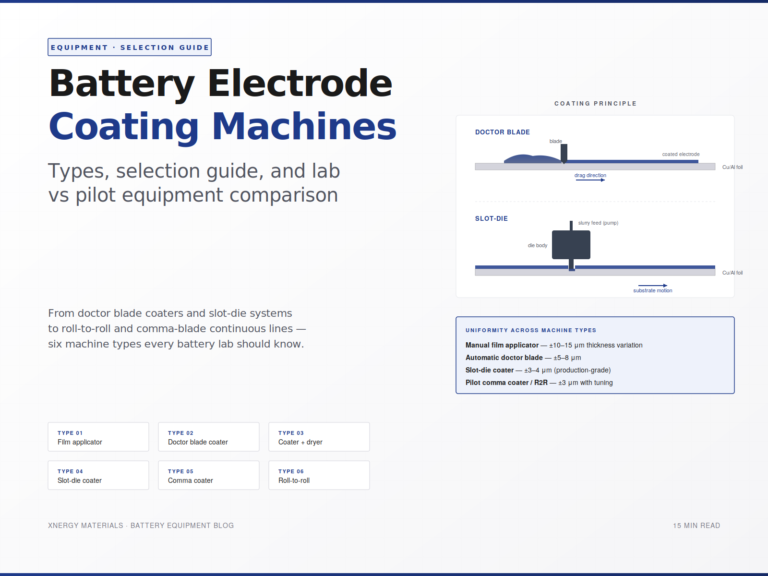 Comparison of six battery electrode coating machine types — doctor blade, slot-die, comma coater, and roll-to-roll systems — with thickness uniformity specifications ranging from ±10 μm for manual film applicators to ±3 μm for slot-die and pilot-scale coaters.