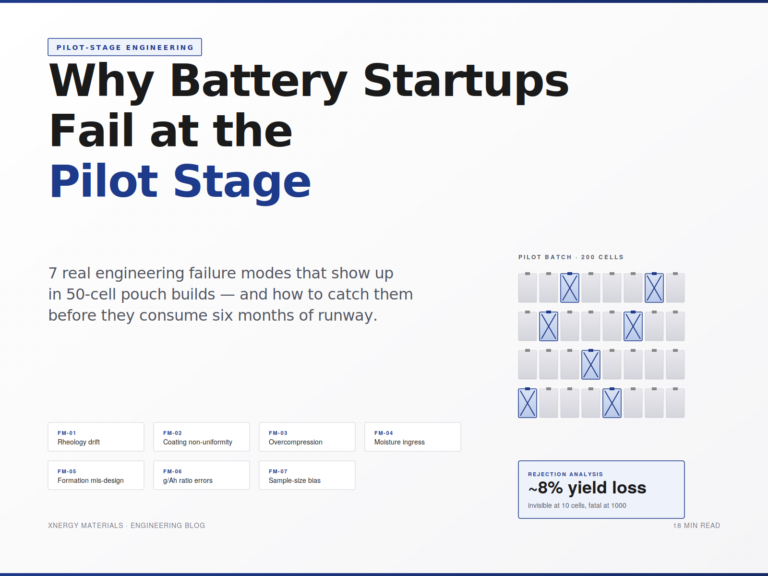 Seven engineering failure modes that cause battery startups to stall at the pilot stage — a visual breakdown of common pouch cell yield issues including rheology drift, coating non-uniformity, calendaring overcompression, moisture ingress, formation mis-design, electrolyte ratio errors, and sample-size bias.