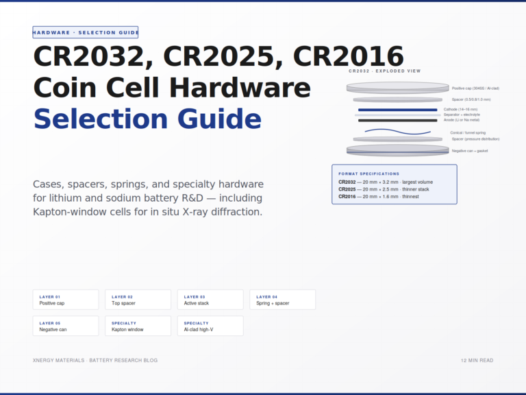 Exploded view diagram of a CR2032 coin cell showing the five hardware components — positive cap, top spacer, cathode/separator/anode active stack, spring, and negative can — alongside CR2032, CR2025, and CR2016 format specifications for battery research.