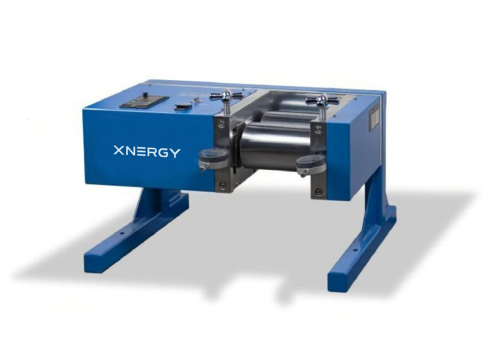 XN-CRPE-250W motorized horizontal roller press with electric motor drive, forward and reverse operation, two horizontally-placed Φ96 mm hard chrome rollers HRC62 and dial-indicator gap display for laboratory battery electrode calendering at 250 mm sheet width