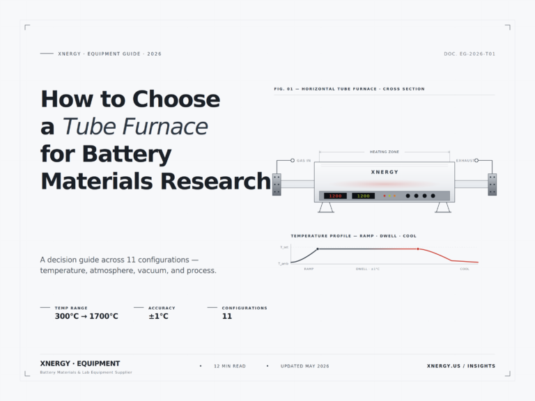 Cover of Xnergy's 2026 tube furnace selection guide for battery materials research — horizontal tube furnace cross-section diagram with heating zone, gas inlet, exhaust, control panel, and temperature profile showing ramp, dwell at ±1°C, and cool phases. Covers 11 configurations from 300°C to 1700°C.