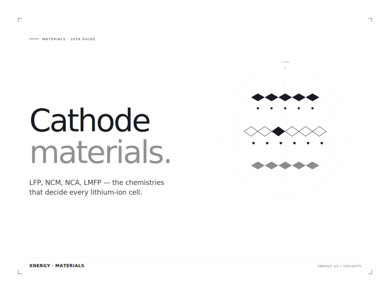 Lithium-ion battery cathode materials guide 2026 — comparison of LFP, NCM, NCA, LMFP, LCO, LMO chemistries showing layered oxide crystal structure with Li-ion migration between M—O layers. Filename: cathode-materials-guide-2026-xnergy.png