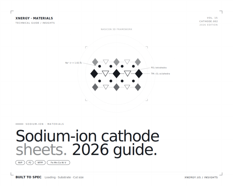 Sodium-ion cathode electrode sheets 2026 guide — NVP, P2, NFPP, Fe-Mn-Co-Ni-V chemistries on NASICON framework.