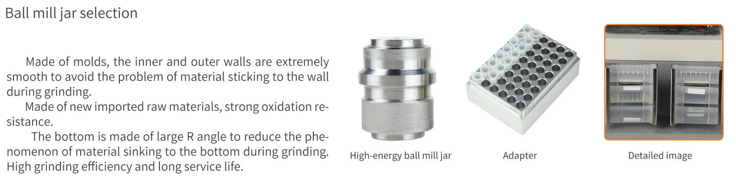 High-energy ball mill jar and adapter for horizontal ball mill