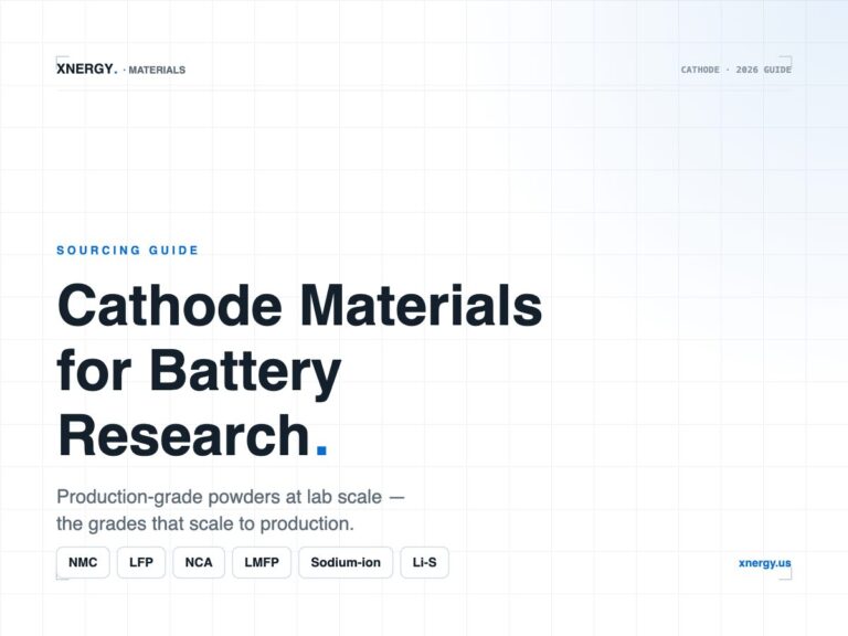 Cover graphic for Xnergy's cathode materials for battery research guide — production-grade NMC, LFP, NCA, LMFP, sodium-ion and lithium-sulfur cathode powders in research quantities.