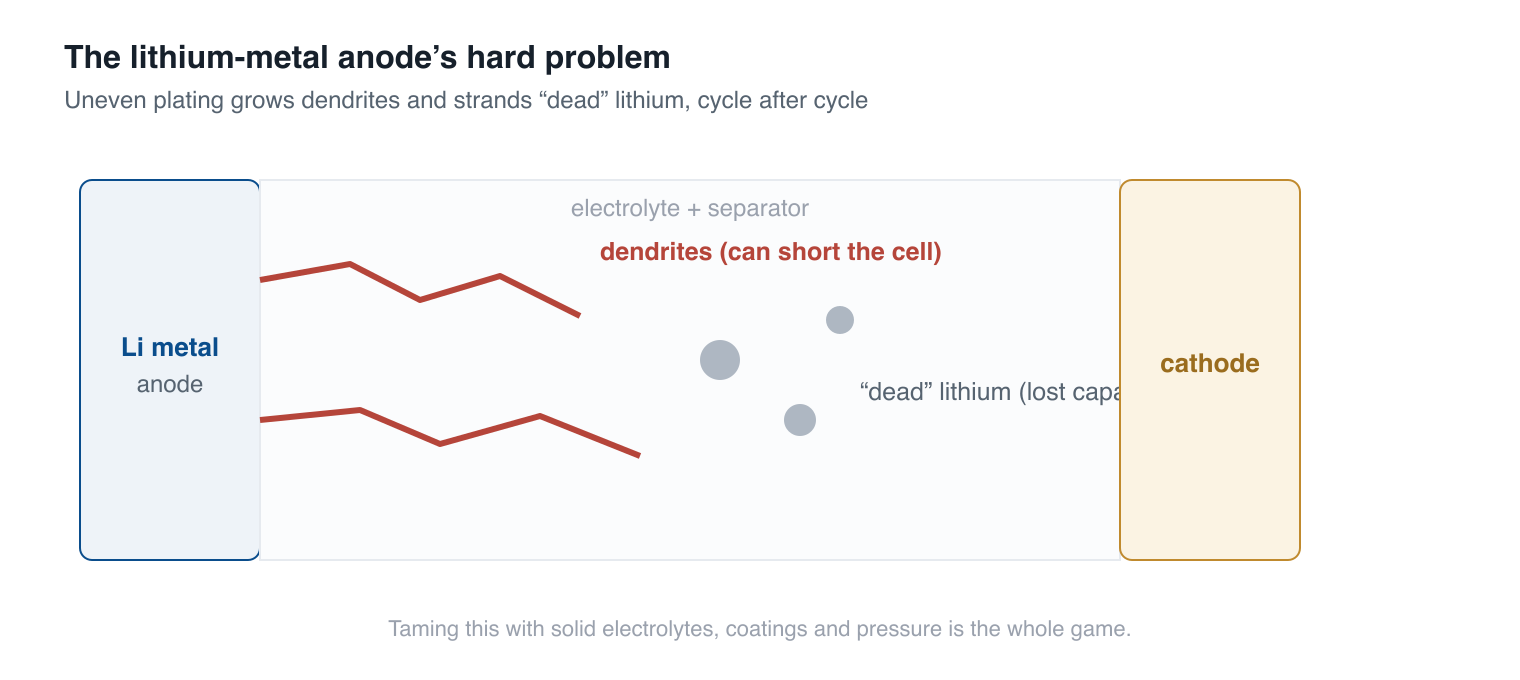 Diagram of a lithium-metal anode growing dendrites through the separator and stranding inactive dead lithium