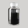 SPAN cathode powder — black sulfurized polyacrylonitrile active material in a glass jar for lithium-sulfur (Li-S) batteries