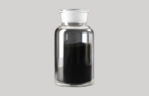 SPAN cathode powder — black sulfurized polyacrylonitrile active material in a glass jar for lithium-sulfur (Li-S) batteries