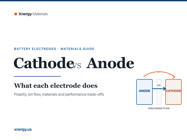 Cathode vs anode battery materials guide cover showing discharge flow between electrodes