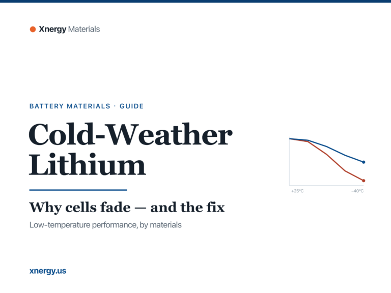 Cold-Weather Lithium Batteries: why cells fade and the materials fix - Xnergy Materials 2026 guide cover