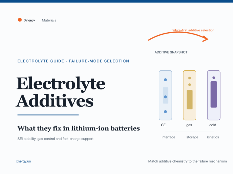 Editorial Xnergy cover showing electrolyte additive functions for SEI control, gas suppression and low-temperature support in lithium-ion batteries