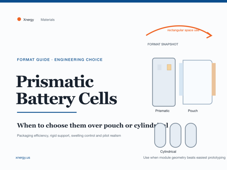 Editorial cover for Xnergy guide about choosing prismatic battery cells over pouch or cylindrical formats
