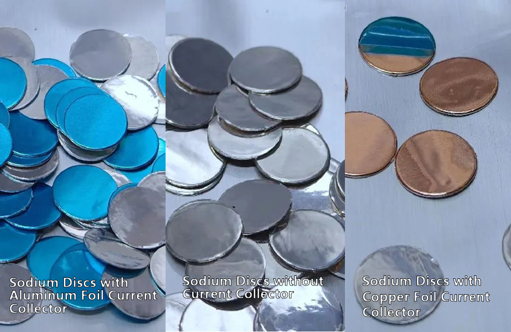 Sodium discs with aluminum foil, without current collector, and with copper foil current collector