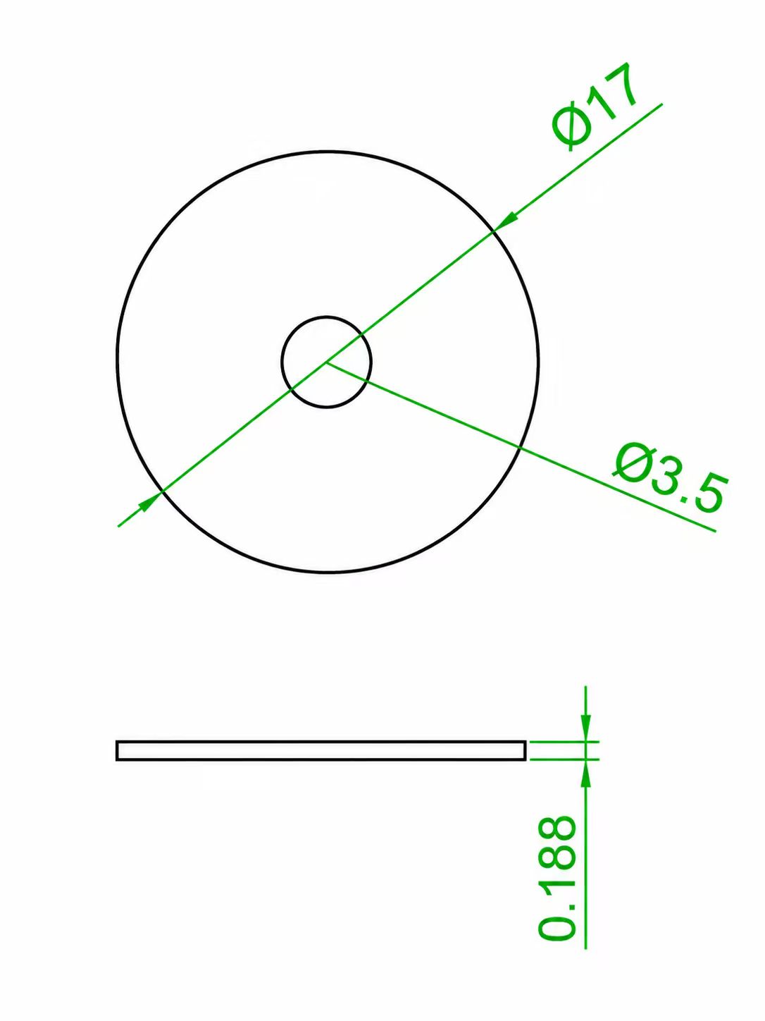 18650 lower insulating gasket dimension drawing showing 17 mm outer diameter, 3.5 mm inner diameter and 0.188 mm thickness