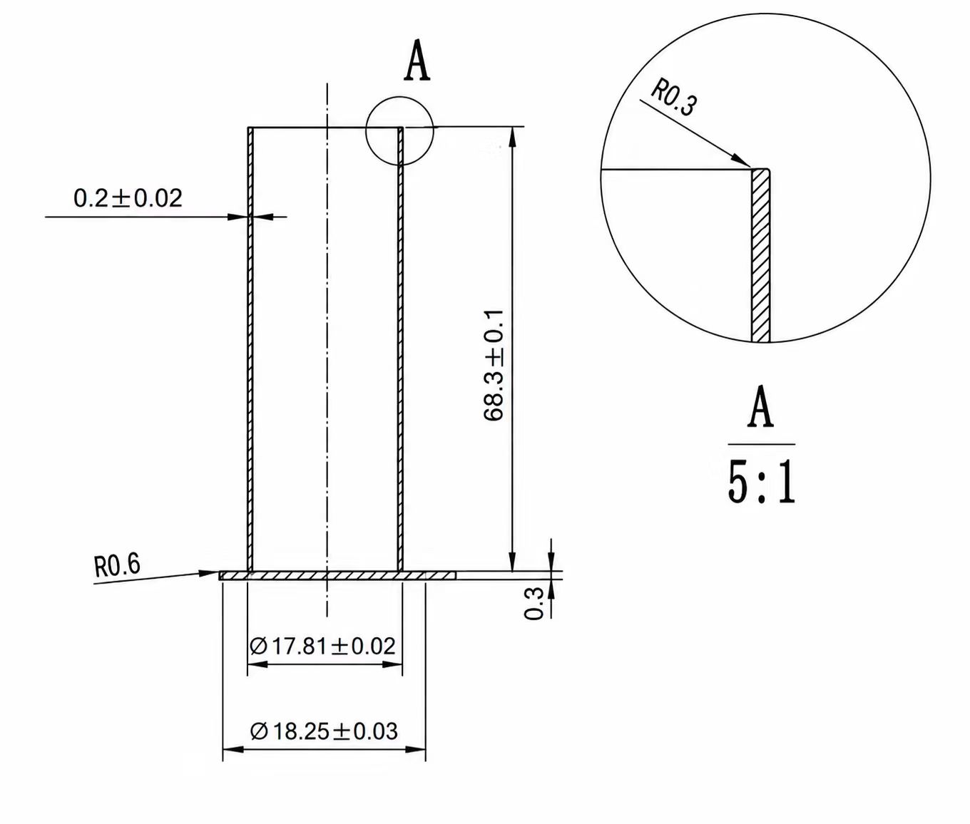 18650 steel shell dimension drawing with diameter, height and wall thickness