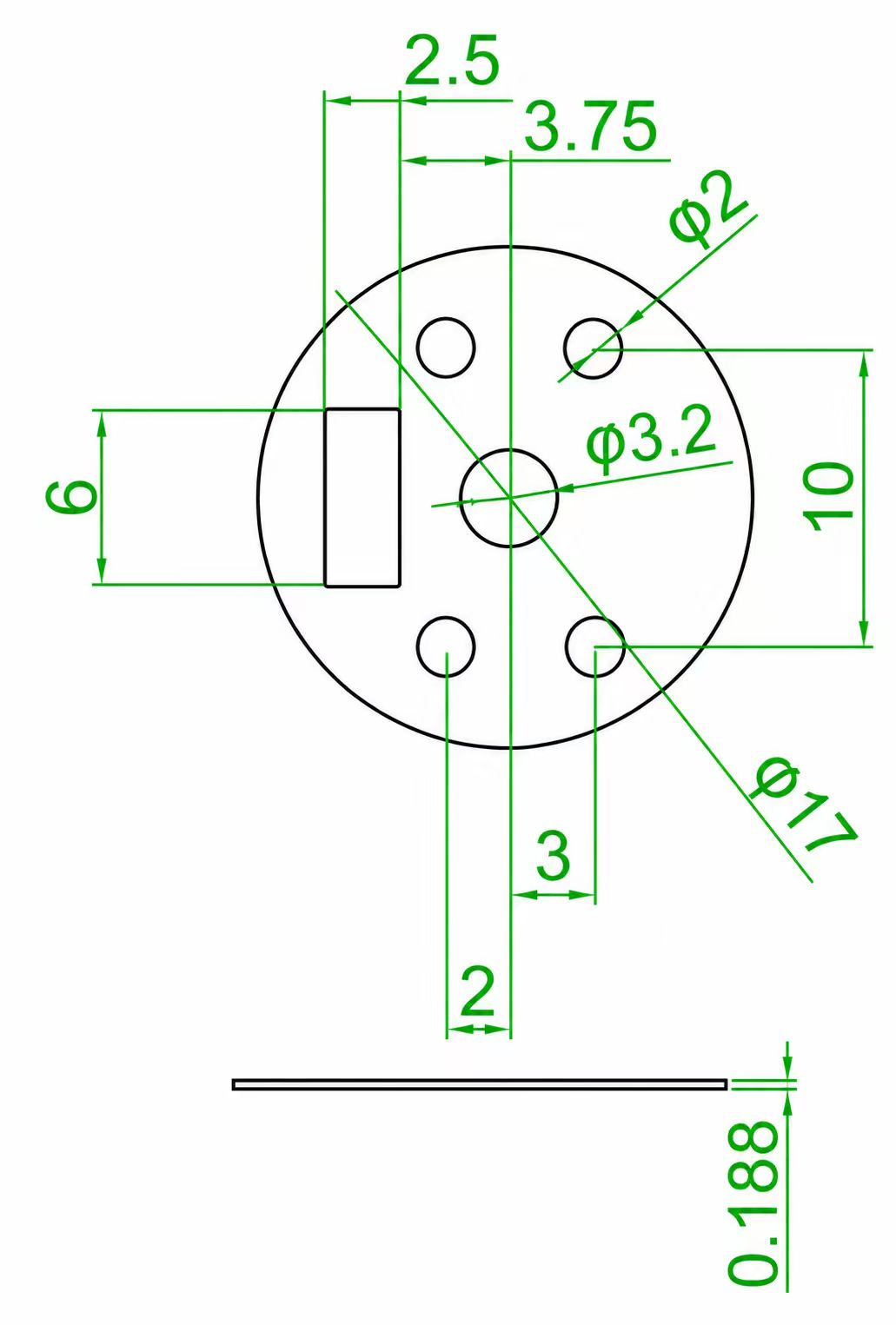 18650 upper insulating gasket dimension drawing with hole and slot layout