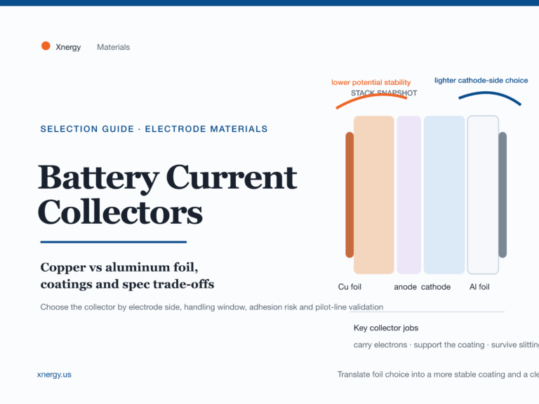 Editorial cover for Xnergy guide to battery current collectors comparing copper and aluminum foil choices